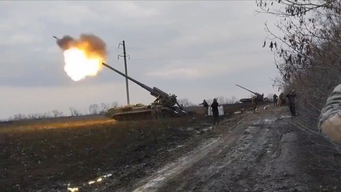 Ukrainian 2S7 self-propelled 203mm cannon battery firing in the east.jpg